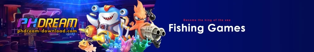 PHDREAM fishing games homepage displaying ocean battle gameplay and colorful underwater effects